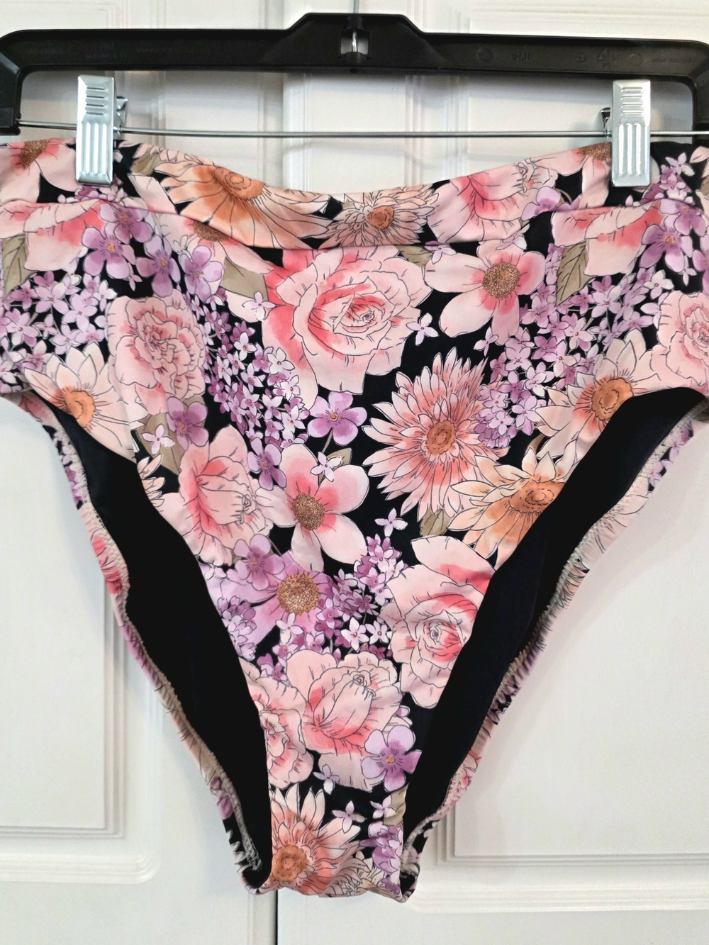 NWT Sanctuary Black Floral High-Cut Swim Bikini Bottom -Size Large